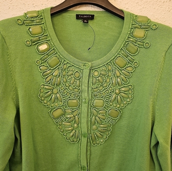 Talbots Medium Cotton Blend Apple Green Beaded Knit Cardigan - Picture 3 of 9